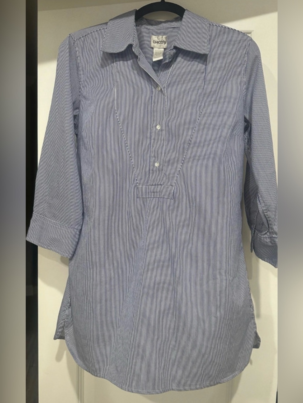 Chico's Blue and White Striped Tunic Button-Down Shirt